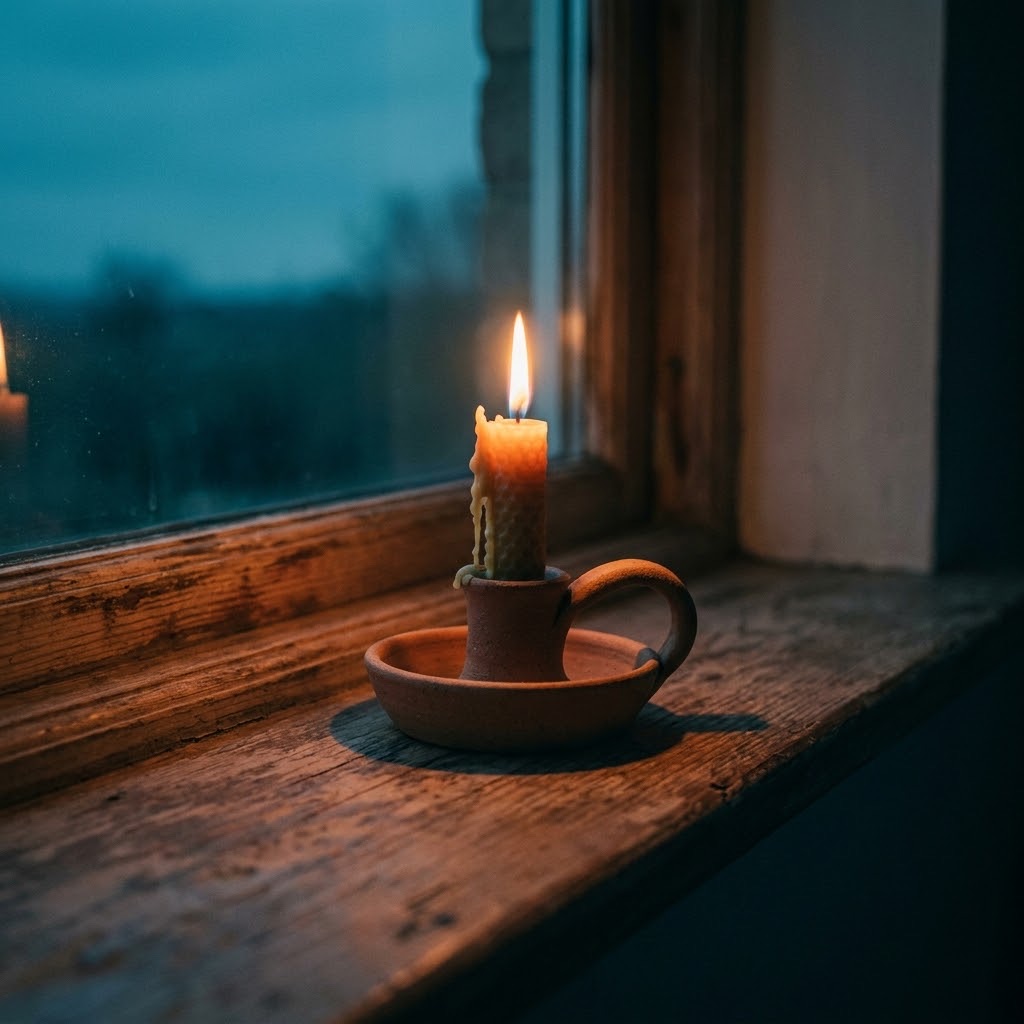 Una vela encendida en un candelero de cerámica rústica sobre el alféizar de una ventana al atardecer.
