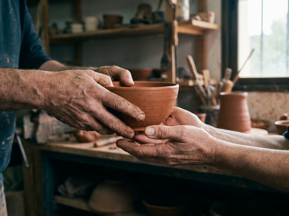 Las manos de un artesano entregando un cuenco de cerámica terminado a otra persona en un pequeño taller.