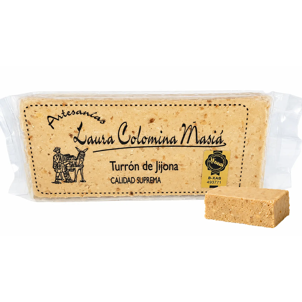 Turrón de Jijona, Calidad Suprema: a bar from Laura Colomina Masiá with a cut piece in front
