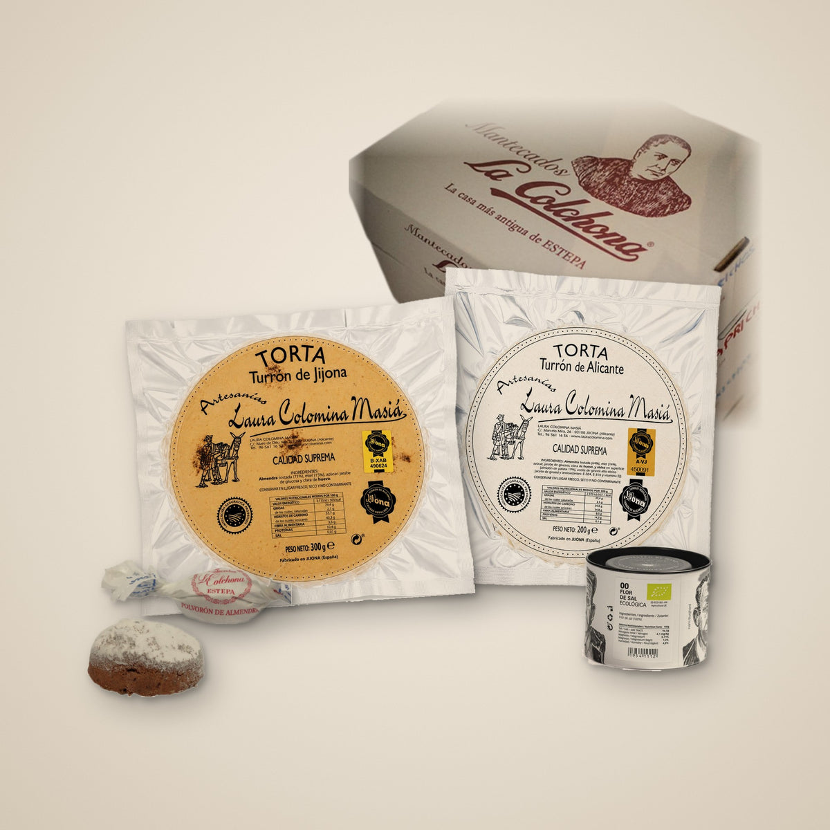 Navidad Essential: La Colchona box, Torta de Jijona, Torta de Alicante, Polvorón de Almendra and Flor de Sal 100 g