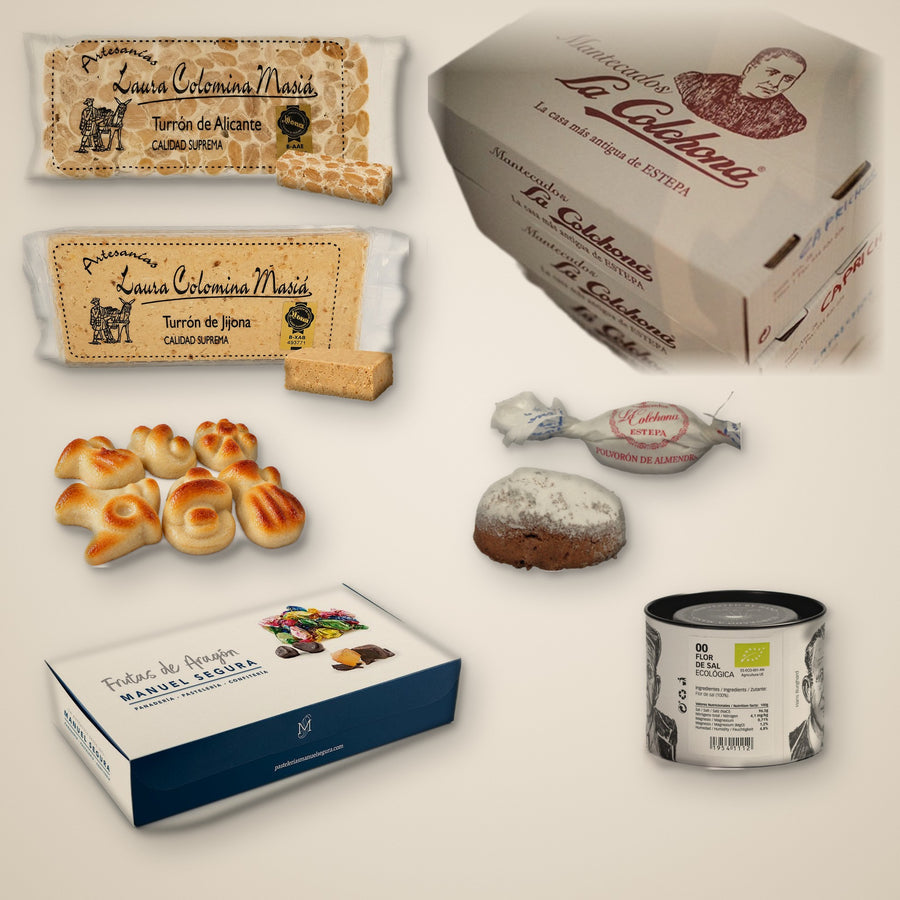 Navidad Selection: both turrón tablets, La Colchona box, mazapán figuritas, polvorón, Frutas de Aragón box and Flor de Sal 100 g