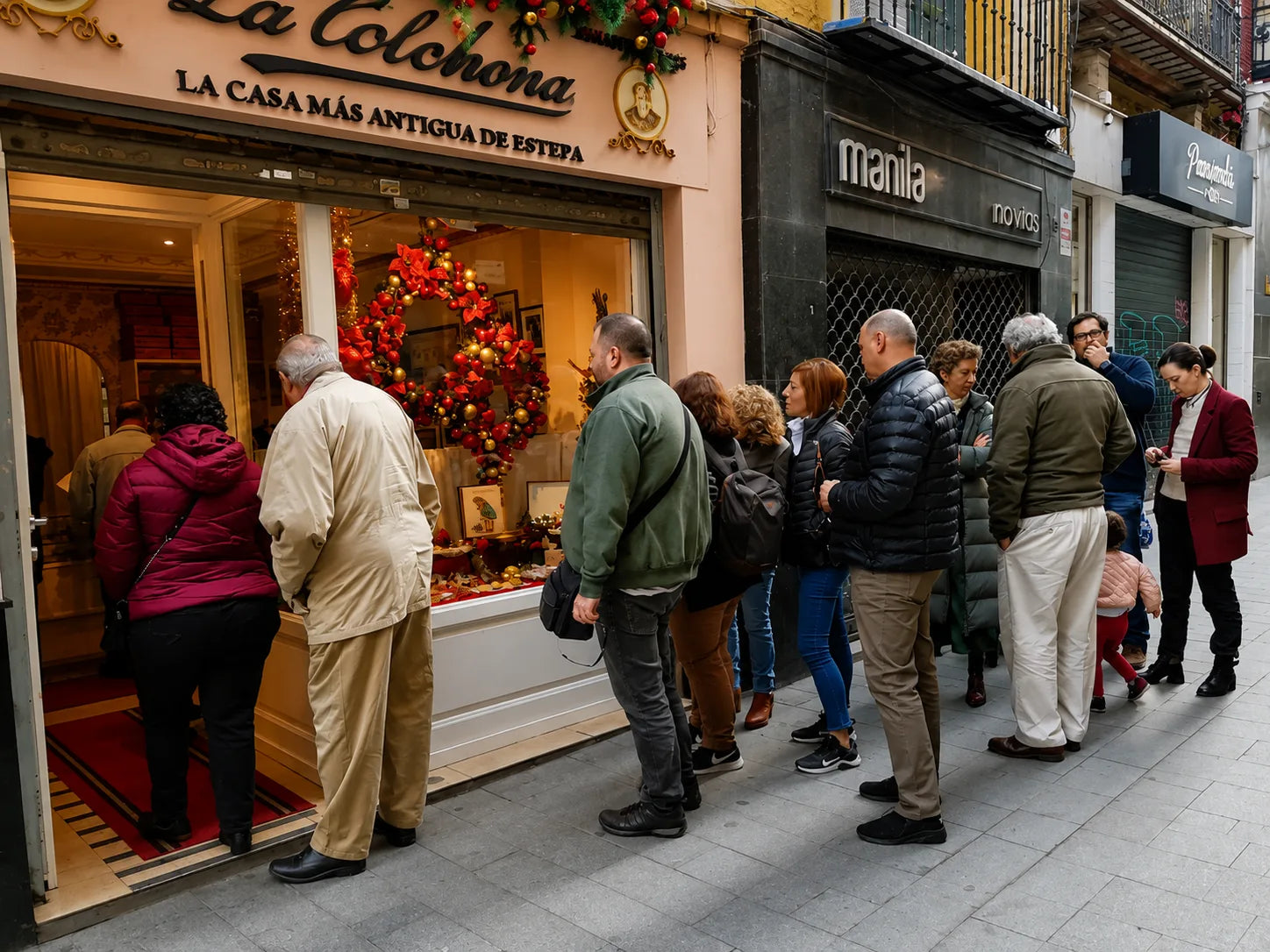 A queue of customers outside La Colchona's shop in Sevilla, decorated for Christmas